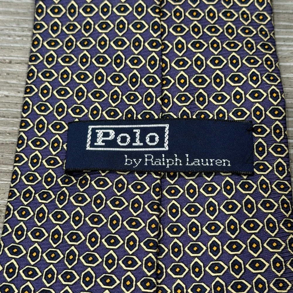 Vtg Polo Ralph Lauren Silk Tie Purple‎ Gold Geometric Medallion Made by Hand USA